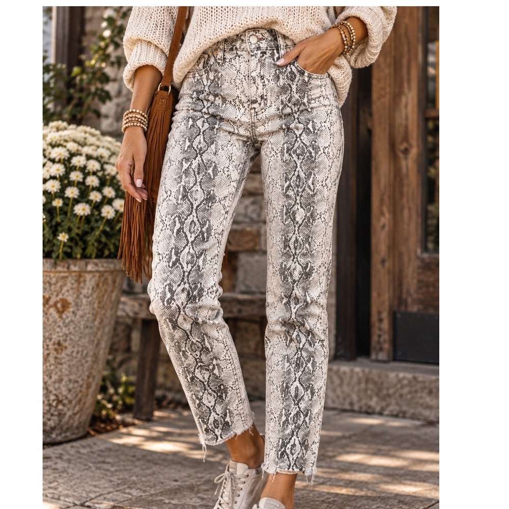 Zara Woman Premium Denim Snakeskin Print High Rise Skinny Jeans Grey White Sz 6